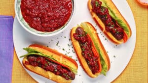 Kangaroo hotdogs with a tomato relish