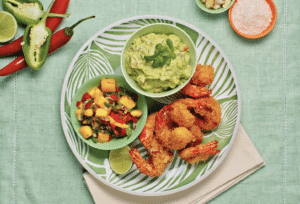 Almond Crusted Prawns with Creamy Guacamole and Mango Salsa