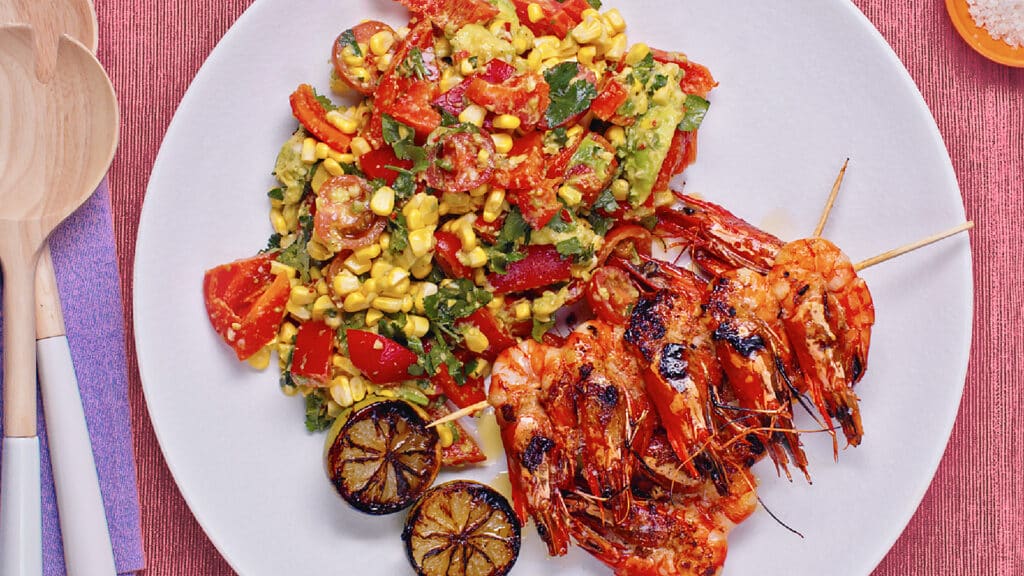 Mexican super bowl with skewered prawns